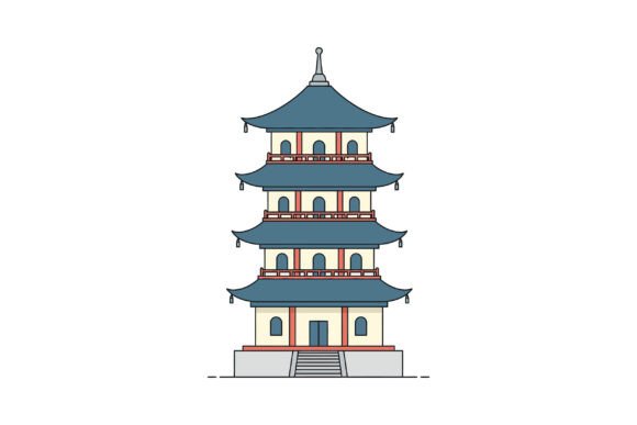A Detailed Illustration Of A Multi-Tiered Pagoda With Ornate Blue Roofs And Cultural Decorative Elements, Perfect For Digital Publishing