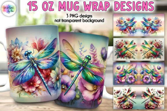 Fantasy Dragonfly and Floral Mug Wrap Graphics & Illustrations