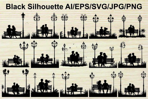 Park Bench Couple Silhouettes Collection – A Romantic Graphic Design Asset for Branding and Visual Storytelling