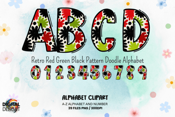 Retro Red Green Black Doodle Alphabet Graphics for Illustrations & Digital Selling
