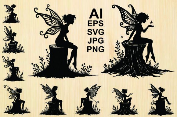 Silhouette Fairies Sitting Tree Stumps Graphics for Crafters & Etsy Sellers