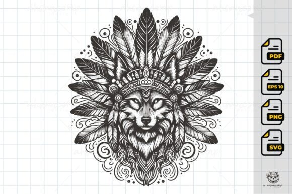 Tribal Wolf Head Line Art for Graphics & Illustrations