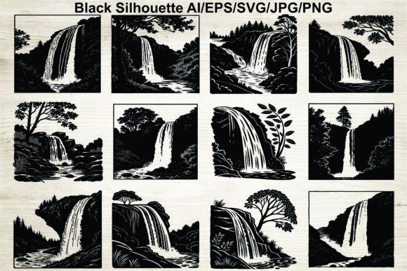 Waterfall Mountain Landscape Silhouette: Clean Graphics for Brand Storytelling