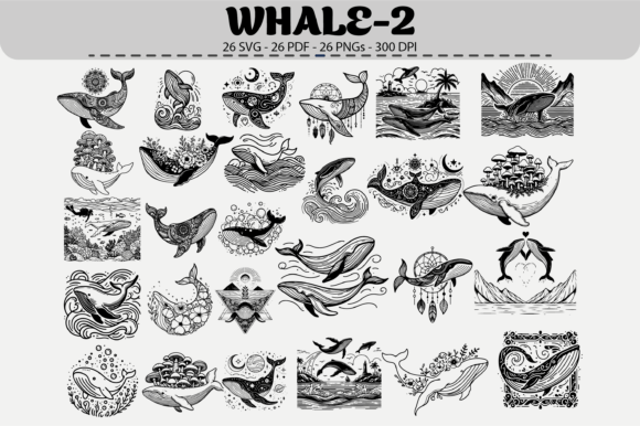 Whale Clipart Set – 26 Designs for Modern Branding & Marketing Graphics